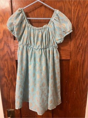 Peek Aqua Dress with Gold Damask Print and Puff Sleeves, EUC, size 6/7